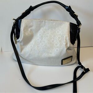 Calvin Klein Logo Jacquard Black / Ivory White Satchel Bag Handbag Purse